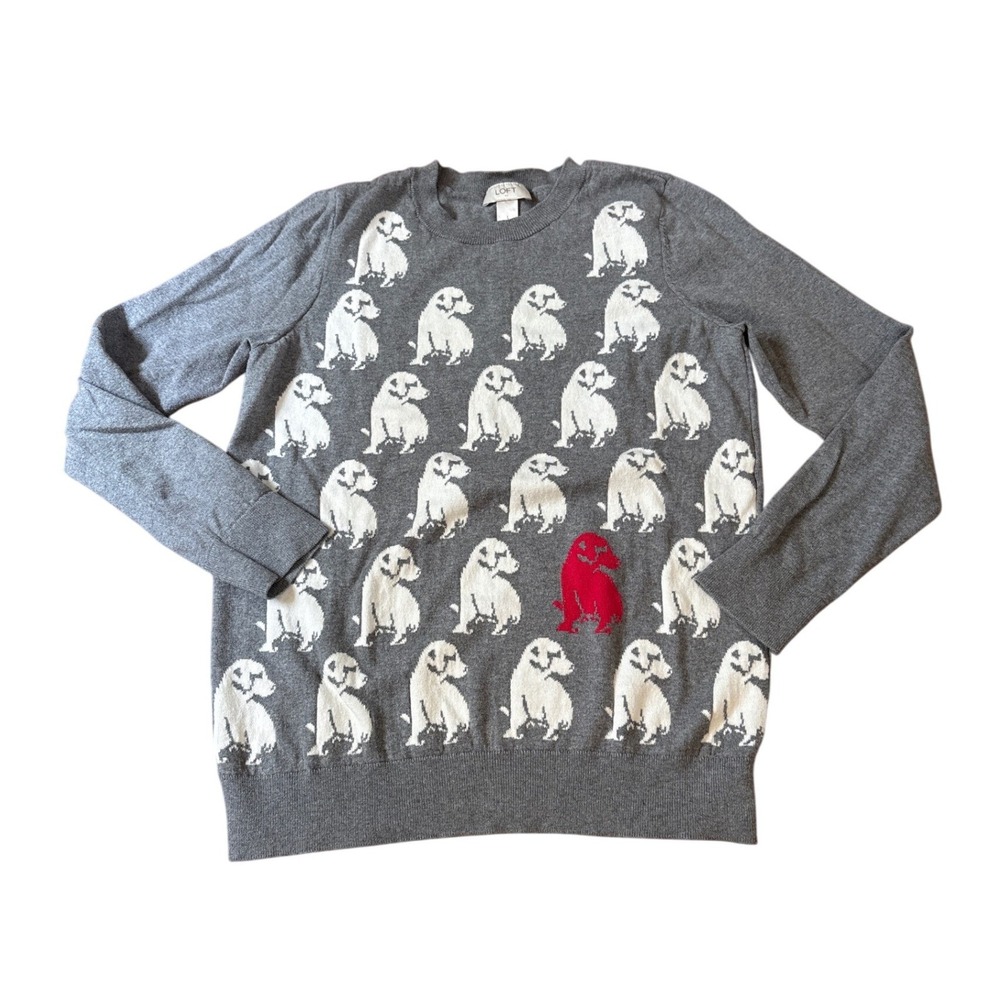 LOFT Sweater Womens Gray Dog Print Intarsia Knit Pullover Crewneck SIZE L